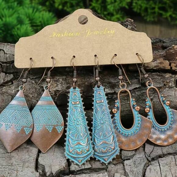 Ancient Green Teal & Bronze Vintage Pendant Earrings Folklore Drop Dangle 3 Pair - Picture 5 of 7